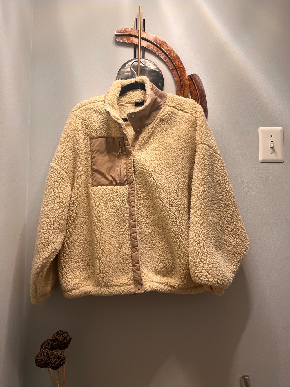 PacSun Beige Teddy Sherpa Jacket with Tan Trim S